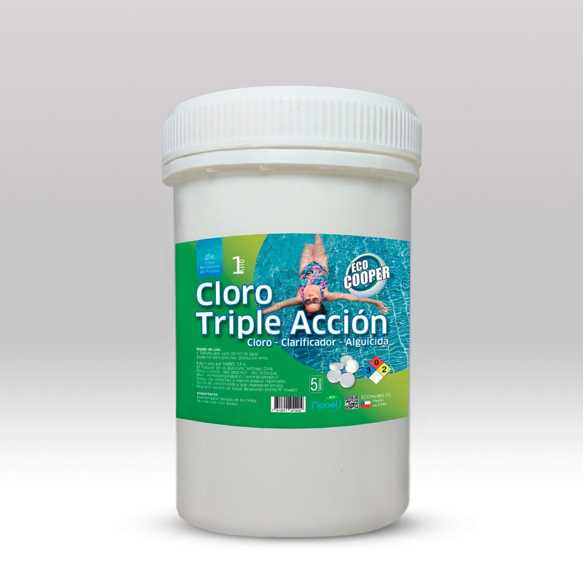Envase de 1 kg de Cloro Triple Acción Ecocooper de Trini Vital Store para desinfección y mantenimiento de piscinas.