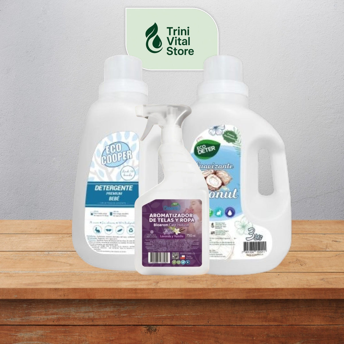 Kit de lavandería Trini Vital Store con detergente para bebé, suavizante de coco y aromatizante de telas Calm