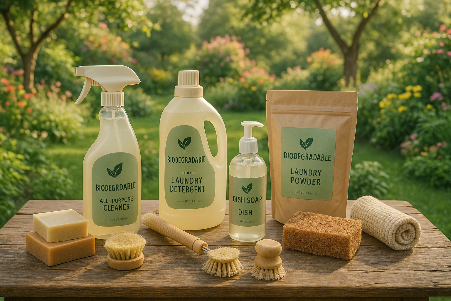 hazme una imagen de paisajes de un jardin de un hogar con una mesa donde tenga varios productos para la limpieza biodegradables