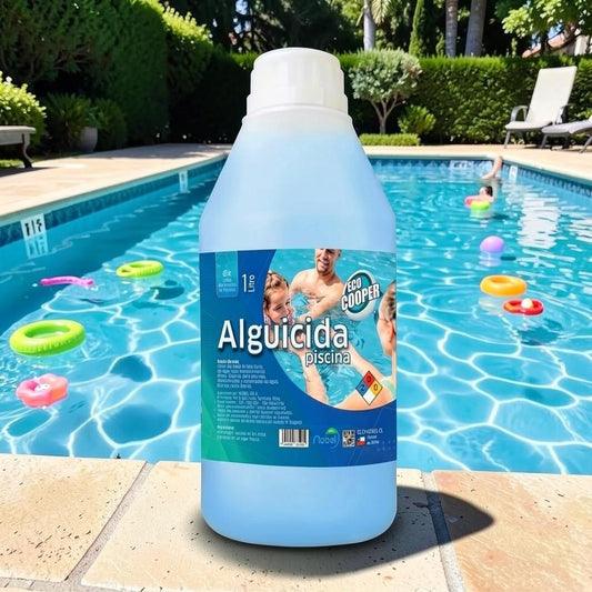 Tratamiento alguicida concentrado de 1 litro Trini Vital Store para mantener el agua de la piscina limpia y clara