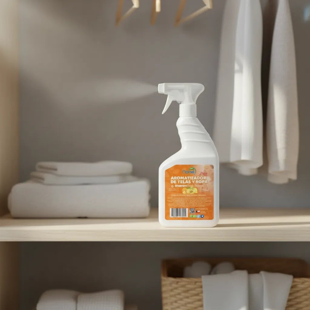 Aromatizador de telas Trini Vital Store Fruit Natural en envase atomizador de 750ml sobre un estante de madera.