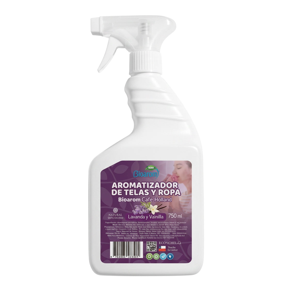 Aromatizador de telas y ropa Calm Natural de Trini Vital Store con aroma a lavanda y vainilla en envase de 750 ml.