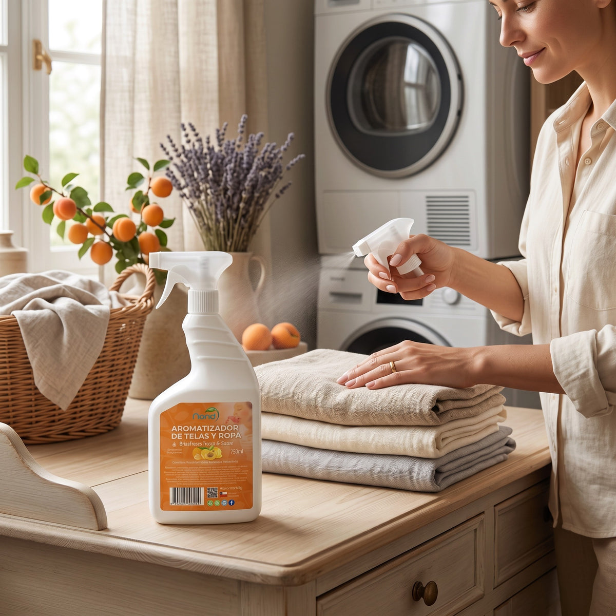 Mujer usando aromatizador de telas Trini Vital Store en ropa doblada sobre una mesa de madera en un lavadero luminoso