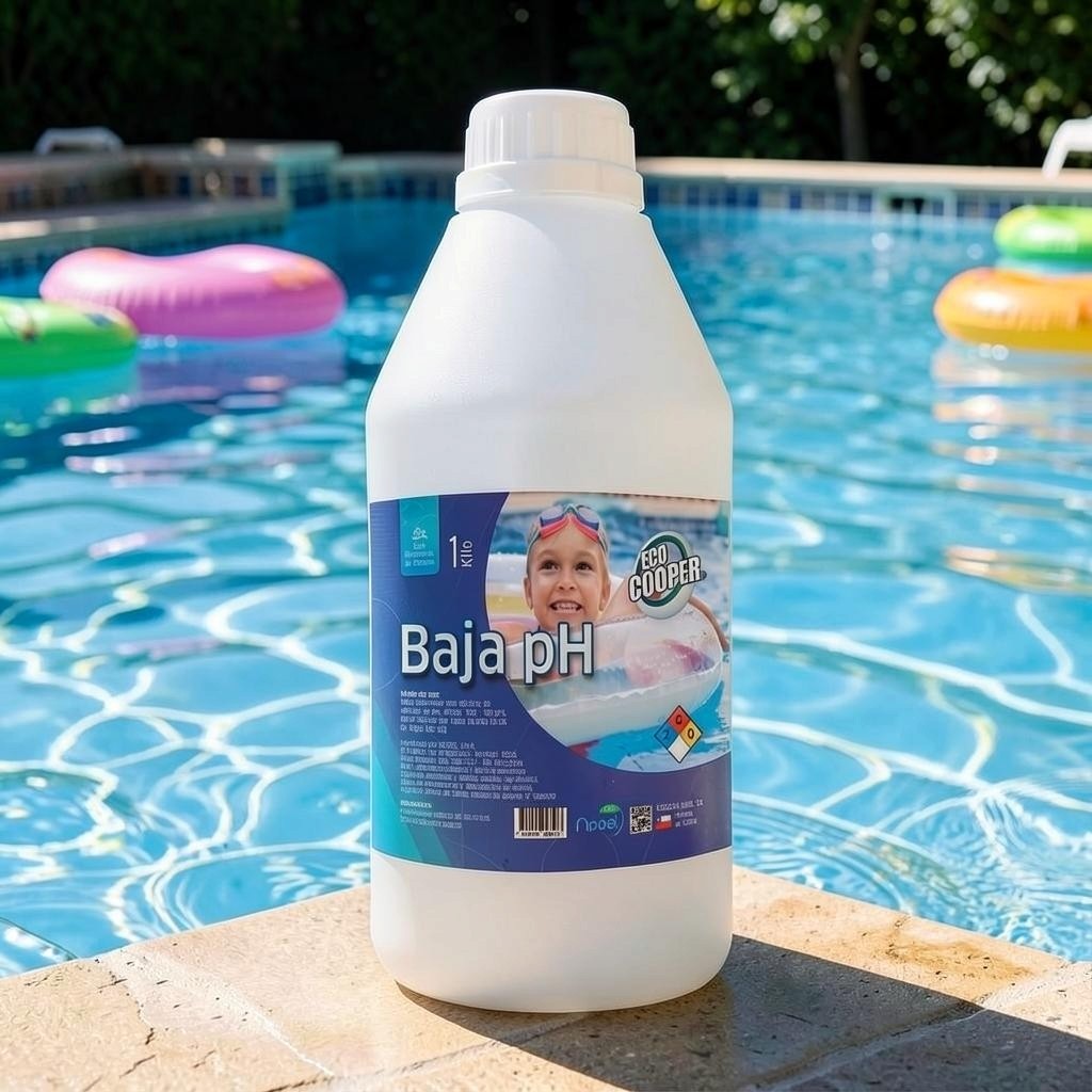 Envase de 1 kilo de Baja pH Eco Cooper de Trini Vital Store para reducir el nivel de acidez en el agua de piscinas.