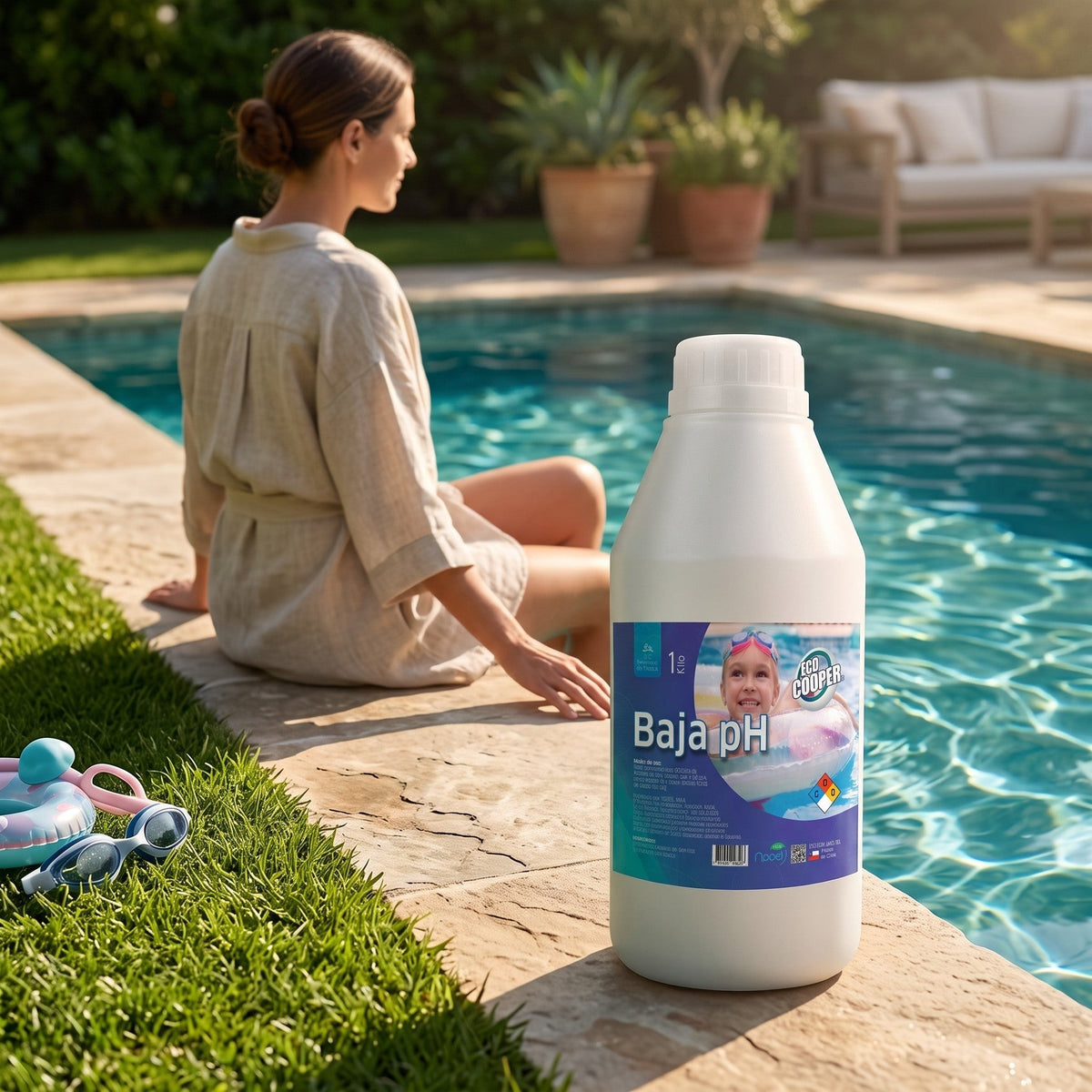 Trini Vital Store Baja pH tratamiento químico en botella de 1kg junto a una piscina para equilibrar el agua.