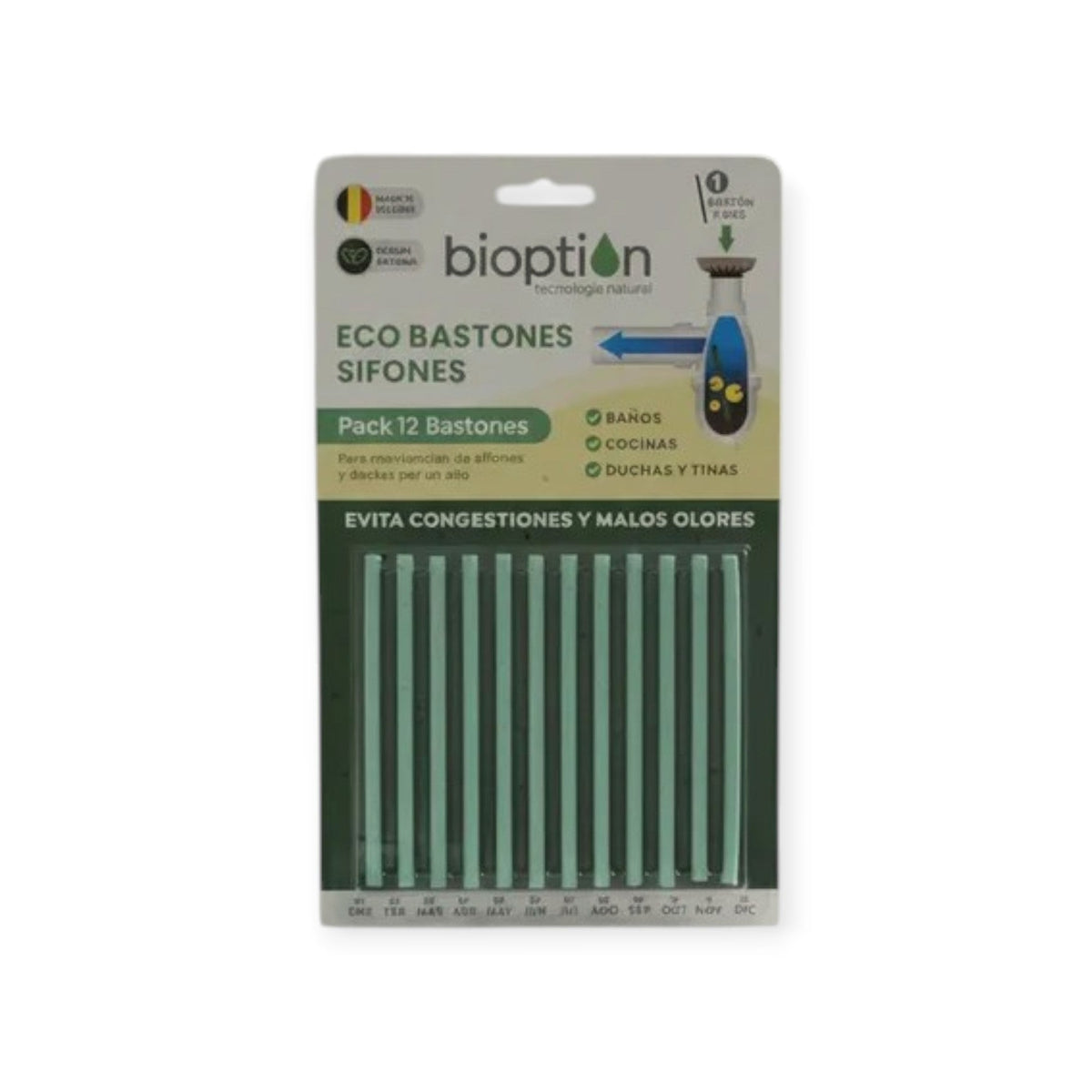 Empaque de Trini Vital Store con 12 bastones biodegradables Bioption de color verde para limpieza de sifones