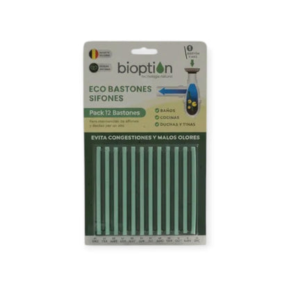 Empaque de Trini Vital Store con 12 bastones biodegradables Bioption de color verde para limpieza de sifones