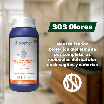 Botella de Trini Vital Store Bioption S.O.S. Elimina Olores, neutralizador biológico ecológico para fosas y ductos.