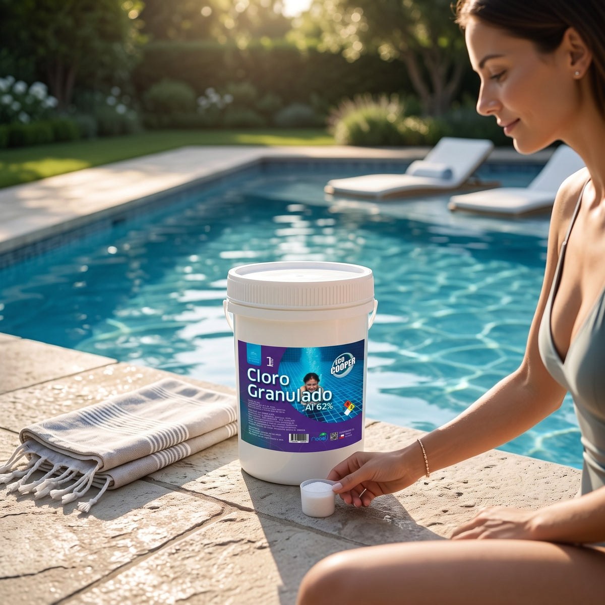 Mujer junto a piscina usando cloro granulado Ecocooper de 1kg de Trini Vital Store para desinfectar el agua