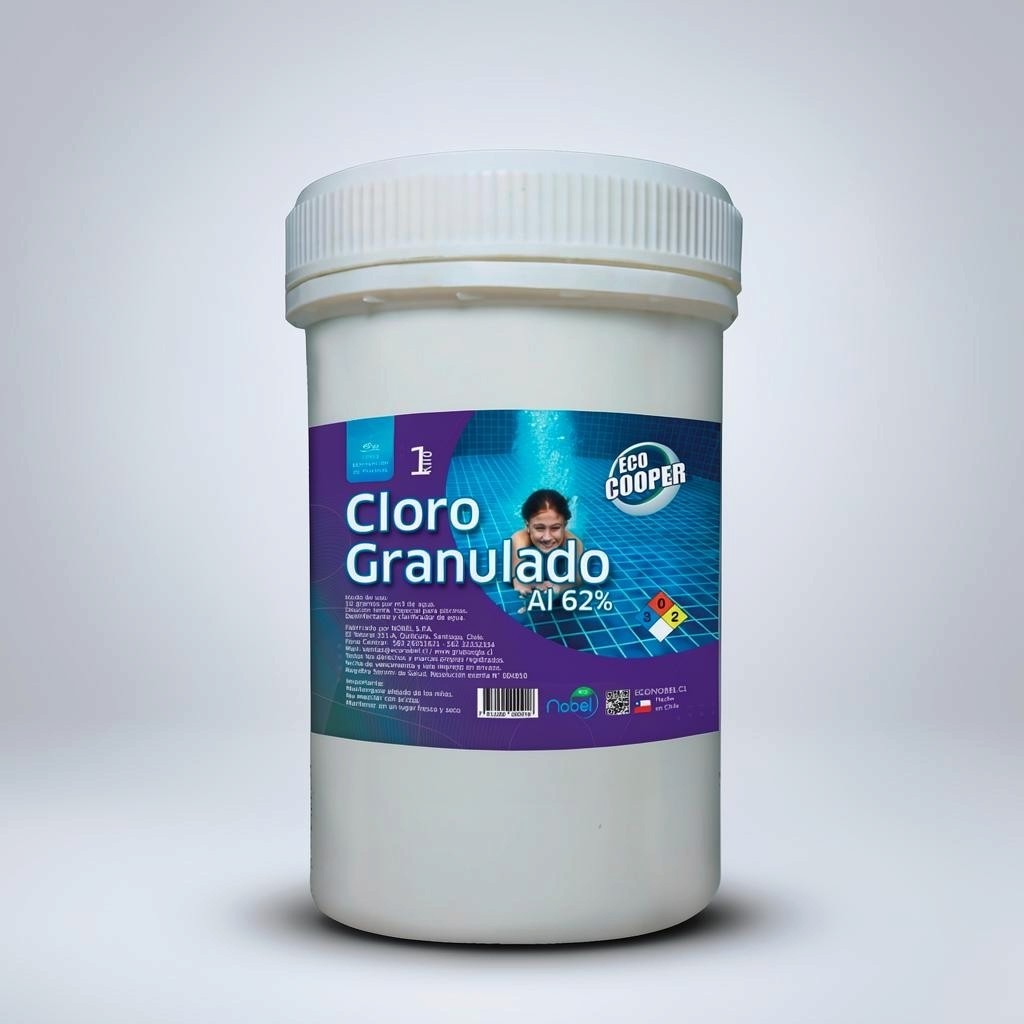 Envase de 1 kilo de cloro granulado Ecocooper de Trini Vital Store para desinfección de piscinas al 62% de cloro.
