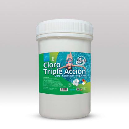 Envase de 1 kg de Cloro Triple Acción Ecocooper de Trini Vital Store para desinfección y mantenimiento de piscinas.