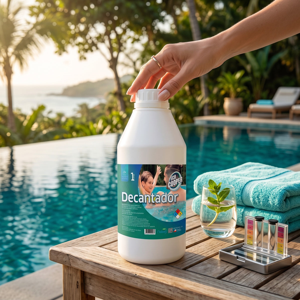 Botella de decantador clarificador Trini Vital Store para piscinas sobre mesa de madera junto a una piscina exterior.