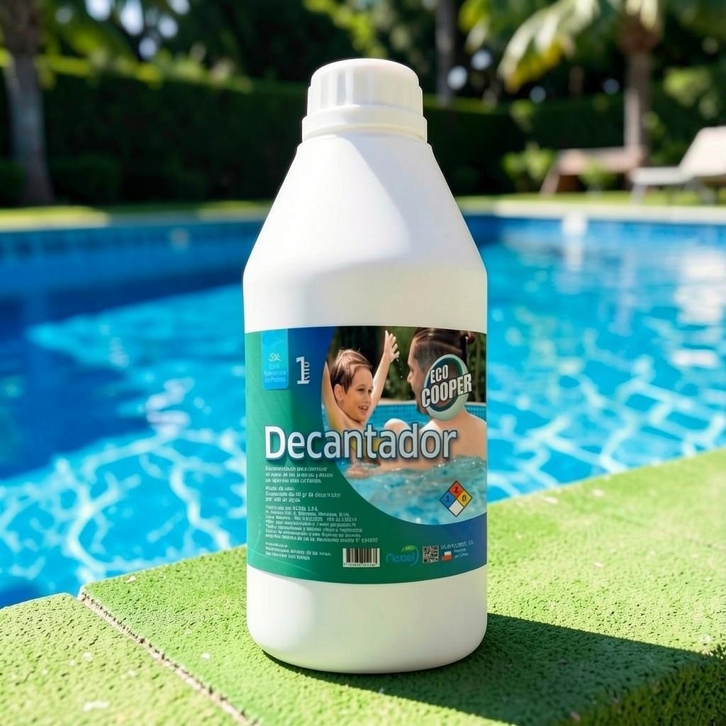 Decantador clarificador para piscinas Trini Vital Store en envase plástico blanco frente a una piscina azul