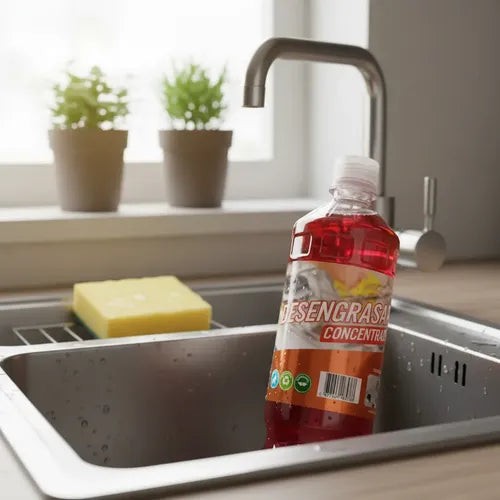 Botella de 1 litro de desengrasante concentrado Trini Vital Store de color rojo en un fregadero de cocina