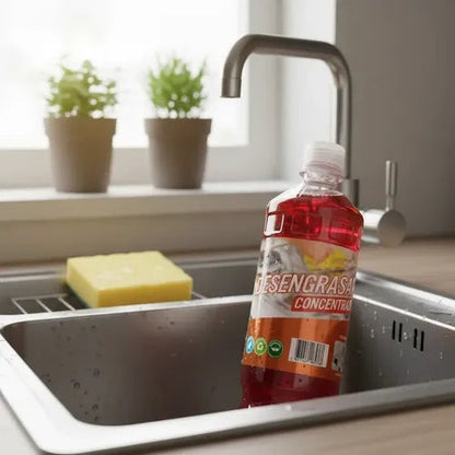 Botella de 1 litro de desengrasante concentrado Trini Vital Store de color rojo en un fregadero de cocina