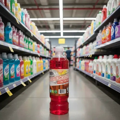 Desengrasante concentrado multiuso Trini Vital Store en botella de 1 litro con líquido rojo en pasillo de supermercado