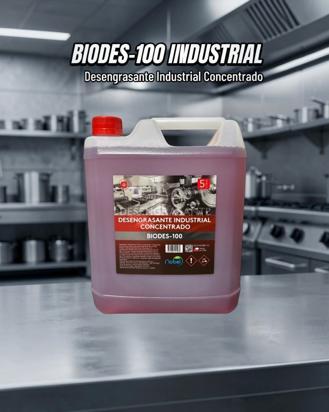 Envase de 5 litros de desengrasante industrial concentrado BIODES-100 de Trini Vital Store para limpieza profunda.