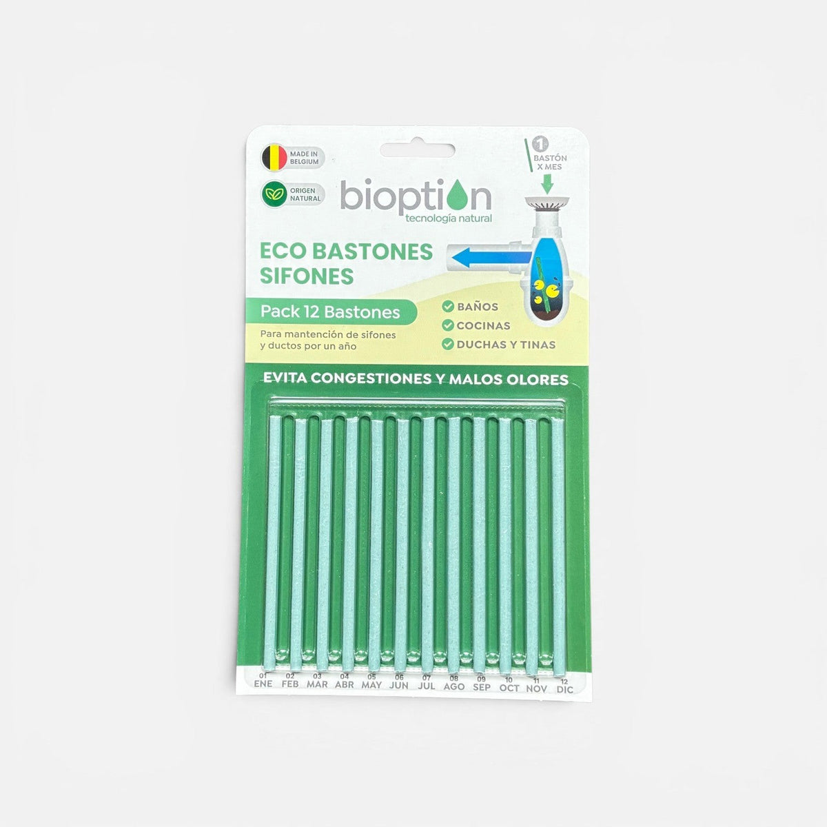 Empaque de 12 ECO BASTONES Bioption de Trini Vital Store para limpieza ecológica de sifones con aroma cítrico.