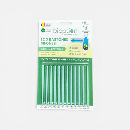 Empaque de 12 ECO BASTONES Bioption de Trini Vital Store para limpieza ecológica de sifones con aroma cítrico.