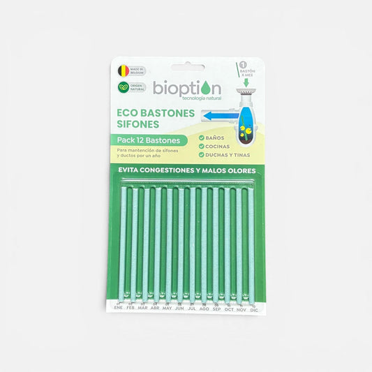 Empaque de 12 ECO BASTONES Bioption de Trini Vital Store para limpieza ecológica de sifones con aroma cítrico.