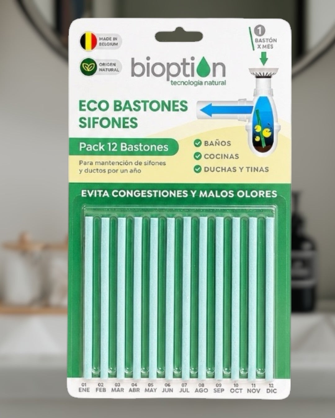 Trini Vital Store Pack Eco Bastones Bioption para limpieza de sifones en baños y cocinas, paquete de 12 unidades.