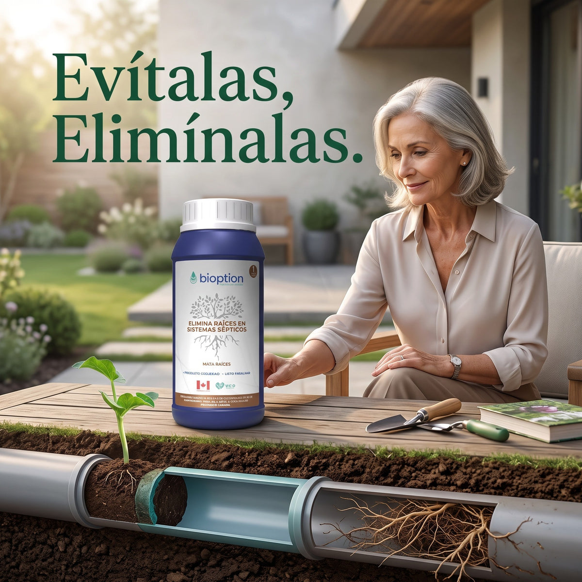 Mujer en jardín junto a envase de Trini Vital Store Bioption para eliminar raíces en sistemas sépticos y tuberías.