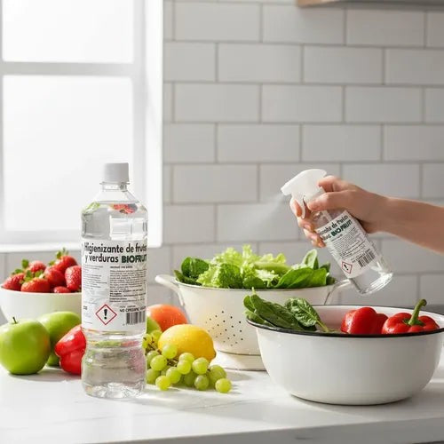 Higienizante de frutas y verduras BIOFRUIT de Trini Vital Store en botella de 900cc siendo aplicado sobre vegetales.