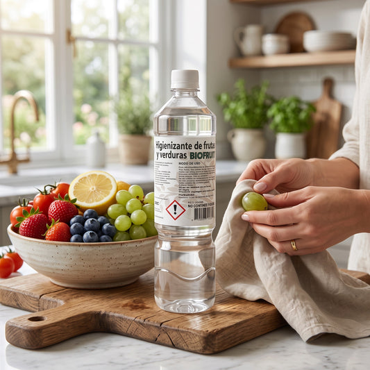 Trini Vital Store Biofruit higienizante de 900cc para limpiar frutas y verduras frescas en una cocina iluminada