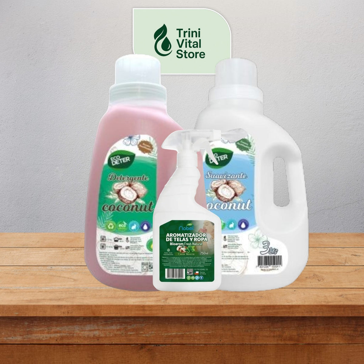 Kit de lavandería Trini Vital Store con detergente, suavizante y aromatizante de telas con aroma a coco y frescura