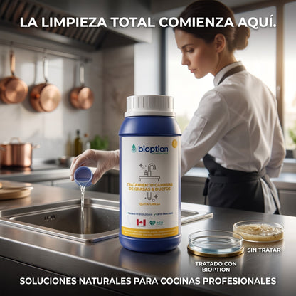 Kit de limpieza ecológica Bioption de Trini Vital Store para tuberías y desagües en una cocina profesional.
