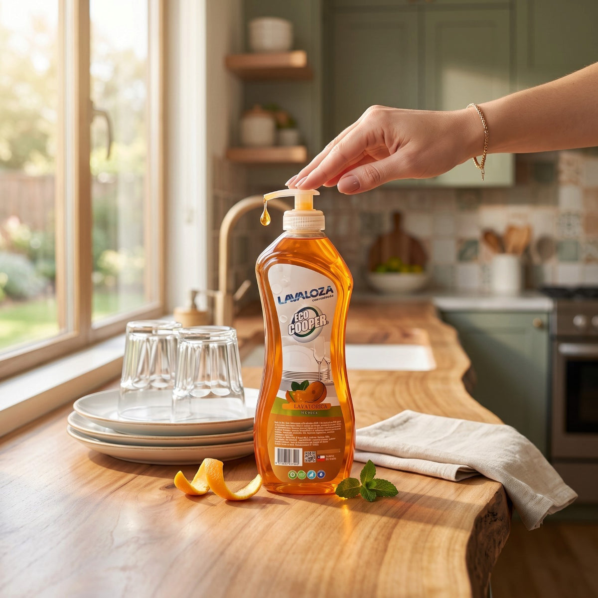 Lavaloza concentrado Eco Cooper con aroma a naranja de Trini Vital Store sobre una encimera de madera en la cocina.