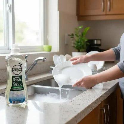 Trini Vital Store Nobel lavalozas ecológico Zero concentrado de 500cc siendo usado para lavar platos en cocina