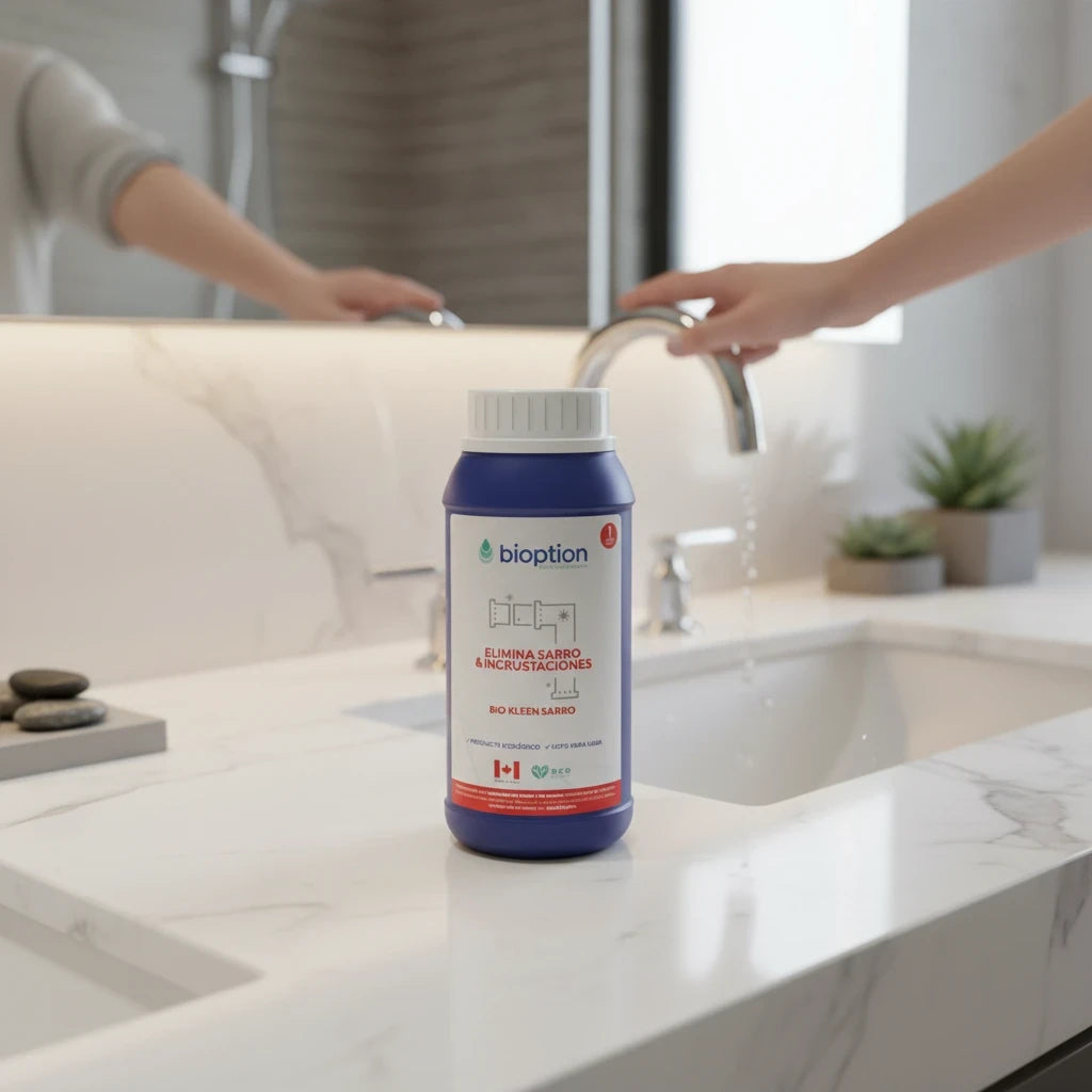 Limpiador ecológico Biokleen Sarro de Trini Vital Store sobre un lavabo de mármol blanco en un baño moderno