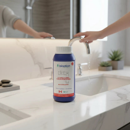 Limpiador ecológico Biokleen Sarro de Trini Vital Store sobre un lavabo de mármol blanco en un baño moderno