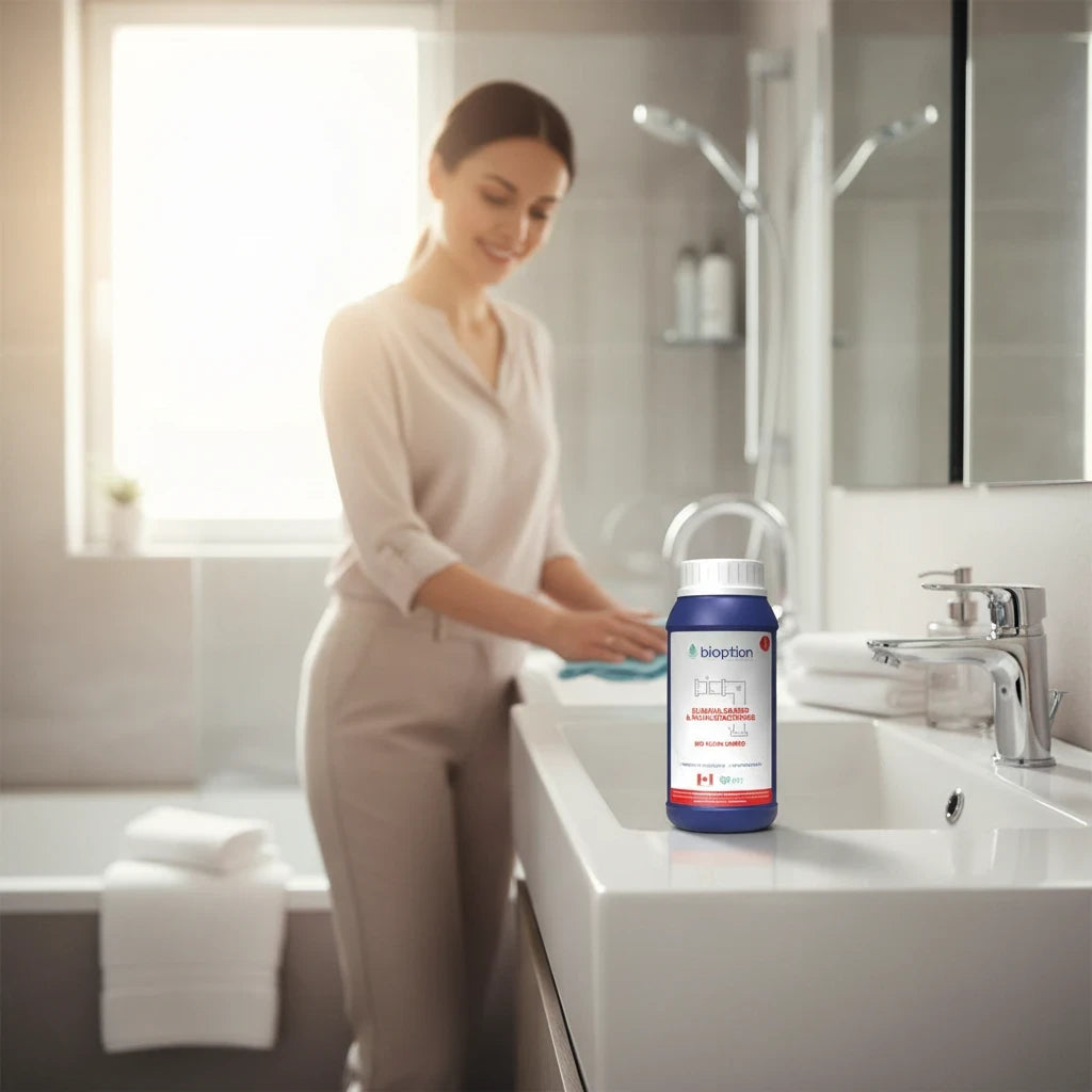 Mujer limpiando un lavabo con el limpiador ecológico Biokleen Sarro de Trini Vital Store en un baño moderno