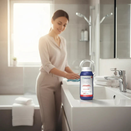 Mujer limpiando un lavabo con el limpiador ecológico Biokleen Sarro de Trini Vital Store en un baño moderno