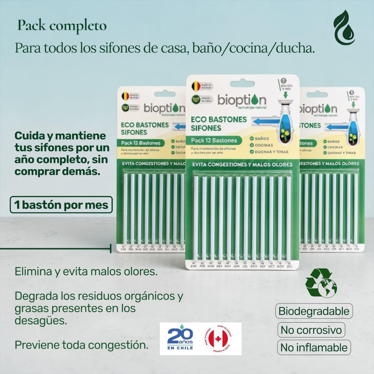 Trini Vital Store Pack Eco Bastones Bioption para mantenimiento de sifones en baño, cocina y ducha