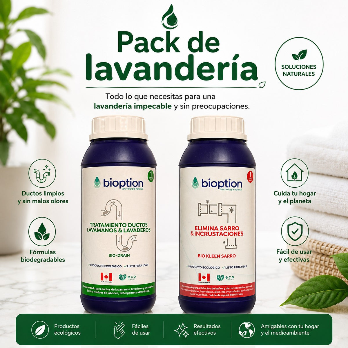 Pack de lavandería Trini Vital Store con Bio-Drain y Bio Kleen Sarro, productos ecológicos para limpieza del hogar.