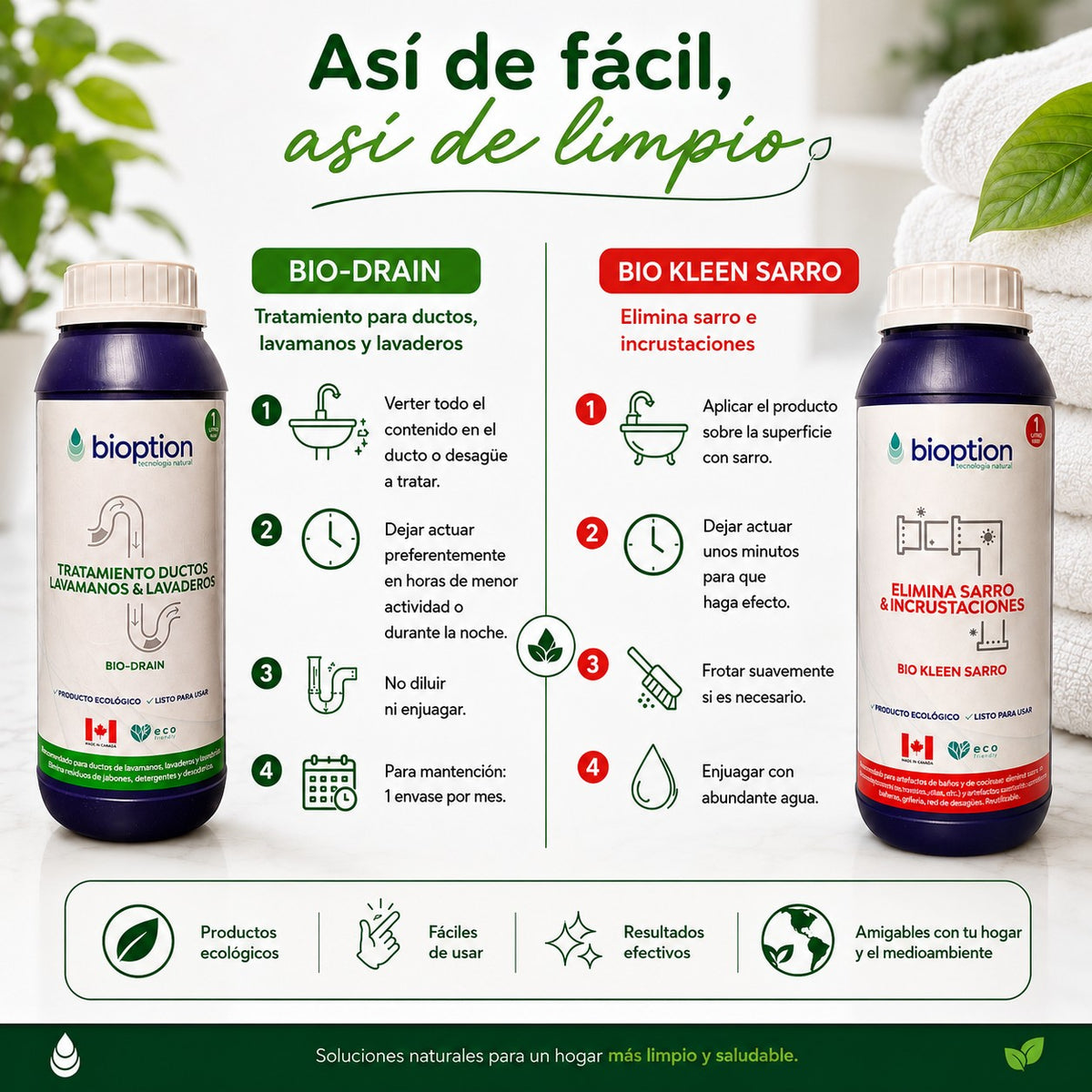 Pack lavandería Trini Vital Store con Bio-Drain y Bio Kleen Sarro para limpieza ecológica de ductos y sarro.