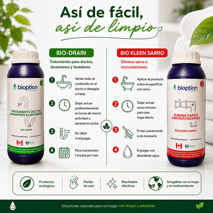 Pack lavandería Trini Vital Store con Bio-Drain y Bio Kleen Sarro para limpieza ecológica de ductos y sarro.