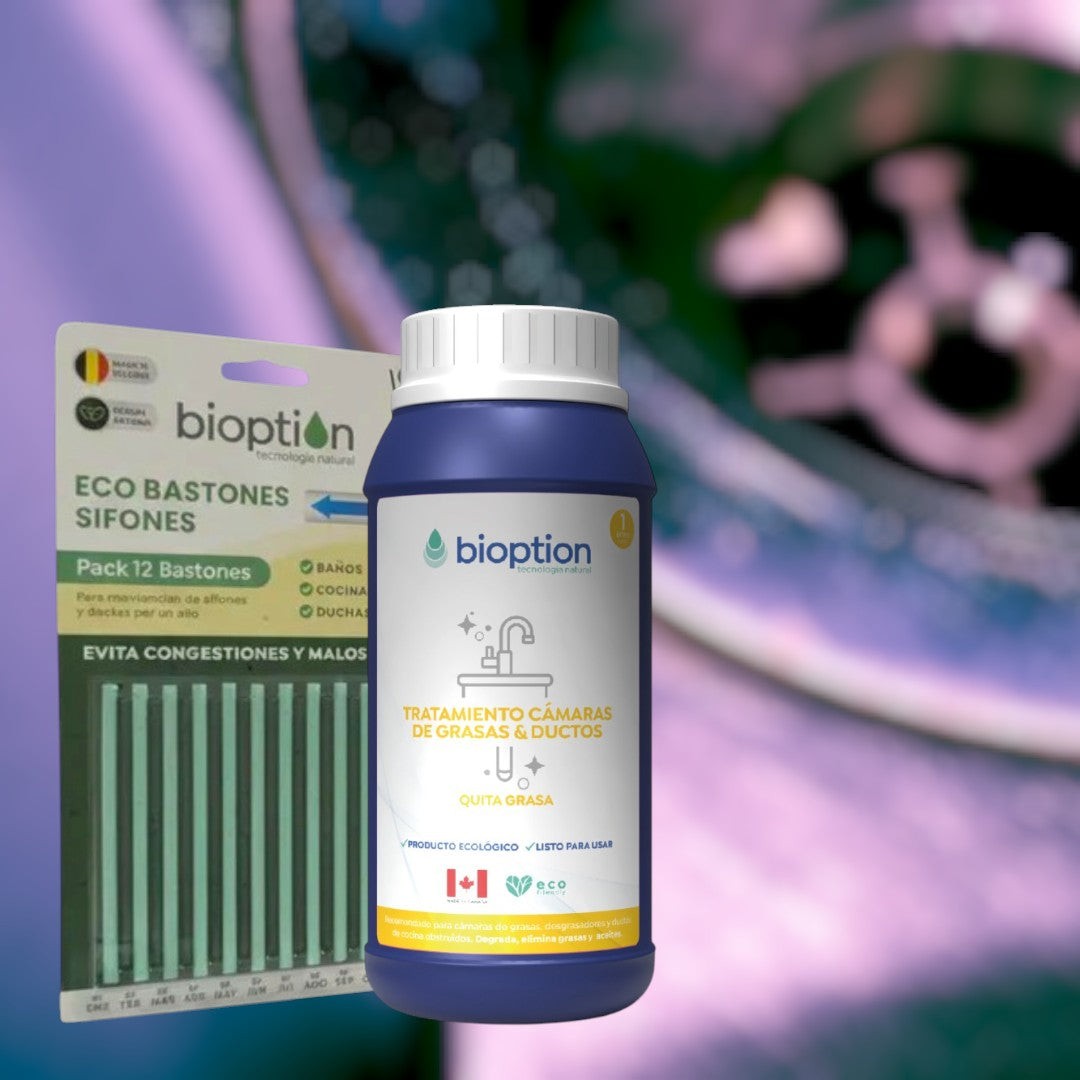 Pack de limpieza Bioption de Trini Vital Store con quita grasas de 1 litro y ecobastones enzimáticos para tuberías.