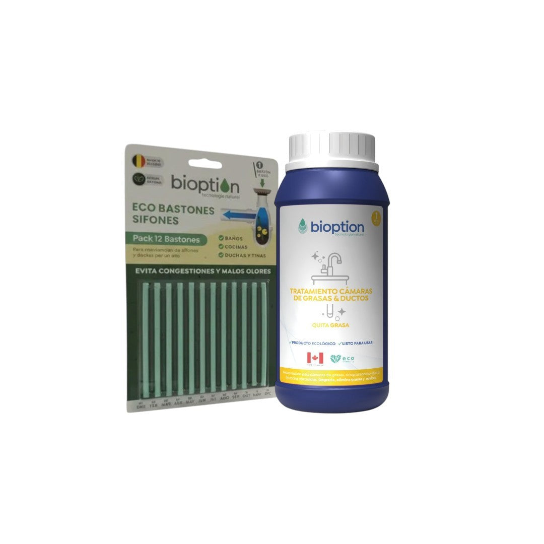 Pack de limpieza ecológica Trini Vital Store con quita grasas Bioption y ecobastones enzimáticos para tuberías.