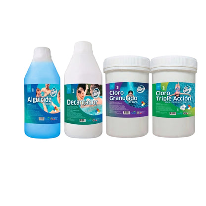 Pack de tratamiento completo para piscinas Trini Vital Store con algicida, decantador y cloro en envases de plástico