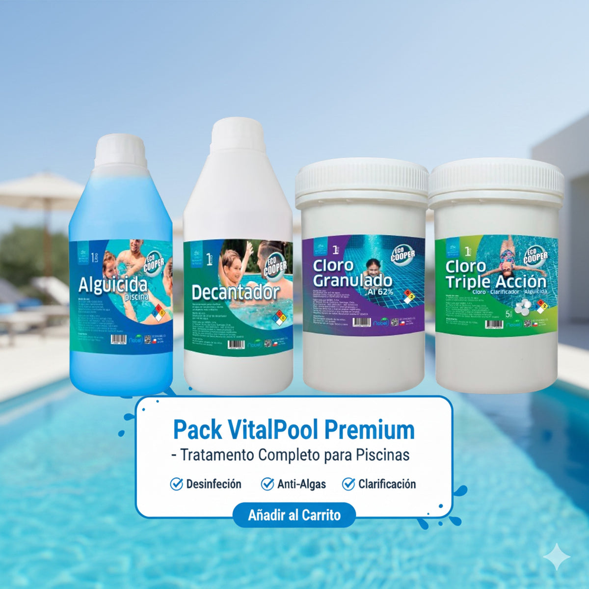 Pack VitalPool Premium de Trini Vital Store con productos Nobel Ecocooper para tratamiento completo de piscinas