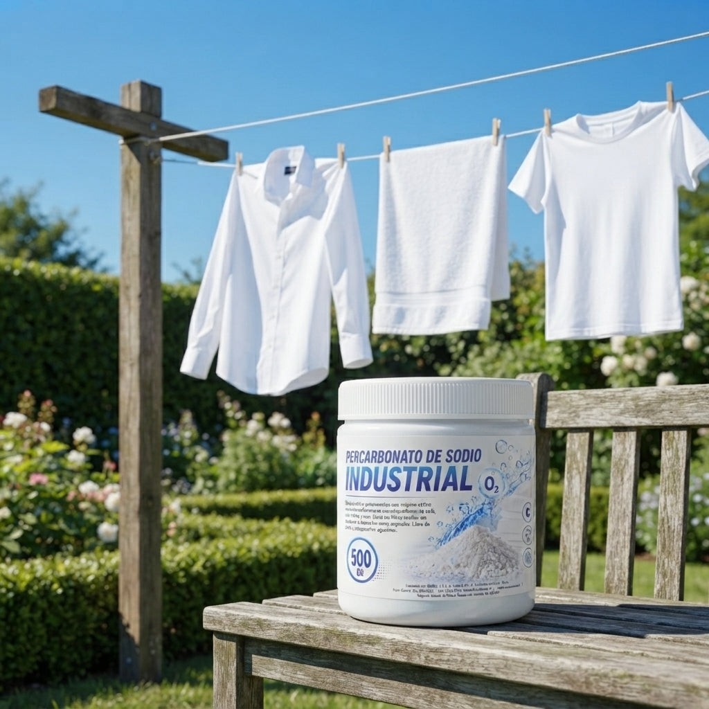 Envase de 500g de Percarbonato de Sodio Industrial de Trini Vital Store sobre banco de madera con ropa blanca al sol