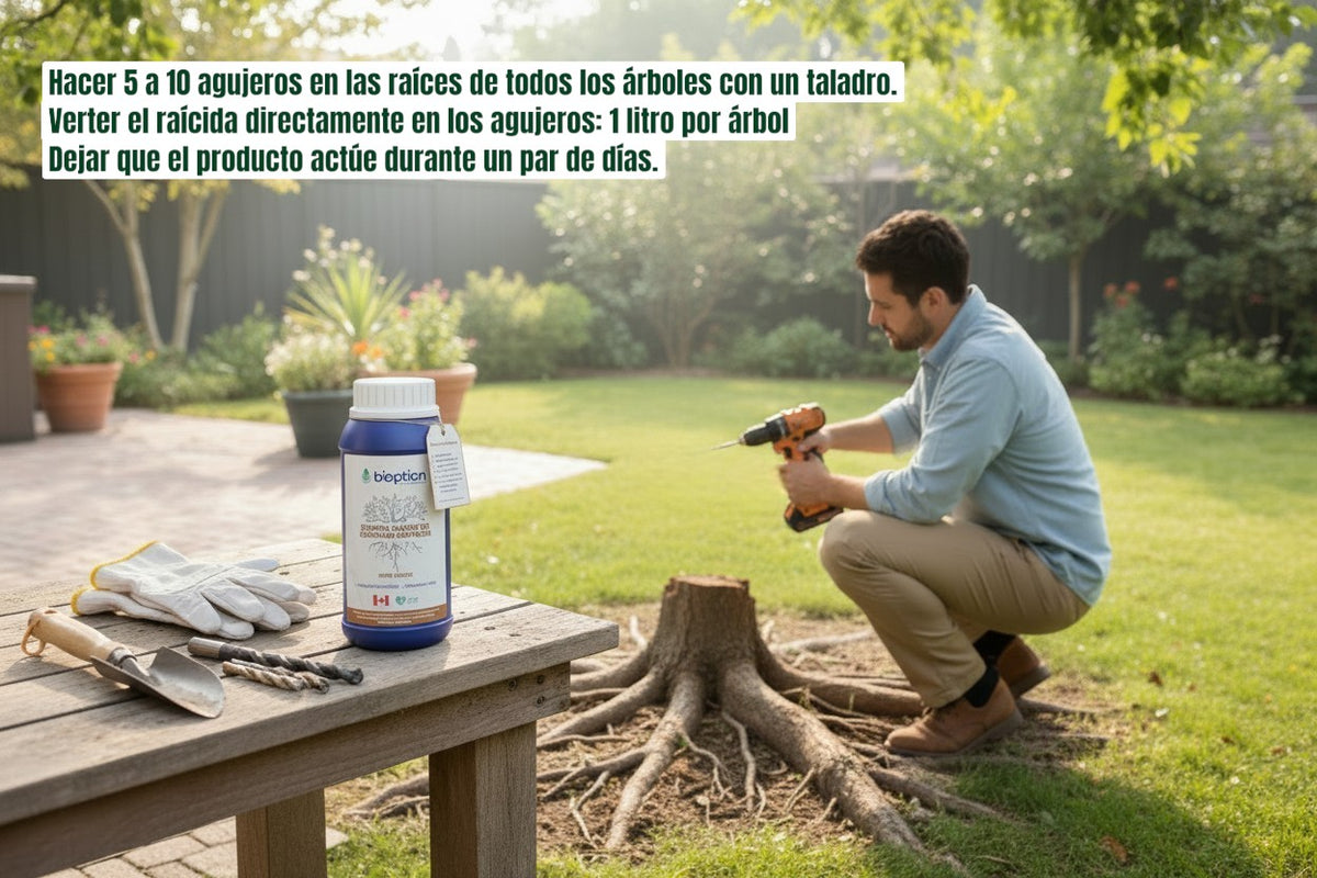 Hombre usando taladro en raíces de árbol junto a botella de RAICIDA Biopción de Trini Vital Store en jardín