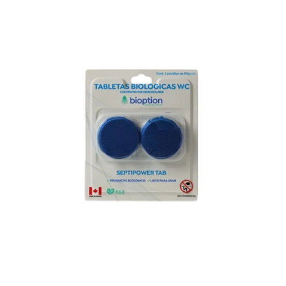 Dos tabletas azules biológicas para inodoro Trini Vital Store en empaque blíster con protector hidrosoluble