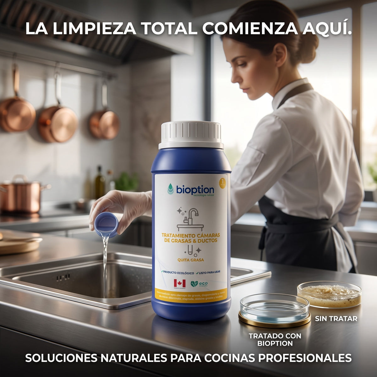 Trini Vital Store Bioption tratamiento biológico para cámaras de grasa y ductos en botella de 1 litro sobre cocina