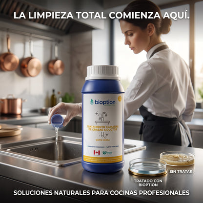Trini Vital Store Bioption tratamiento biológico para cámaras de grasa y ductos en botella de 1 litro sobre cocina