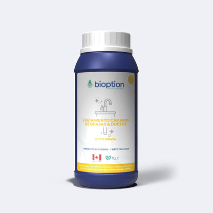 Tratamiento biológico Bioption de 1 litro para cámaras de grasa y ductos de Trini Vital Store en envase azul